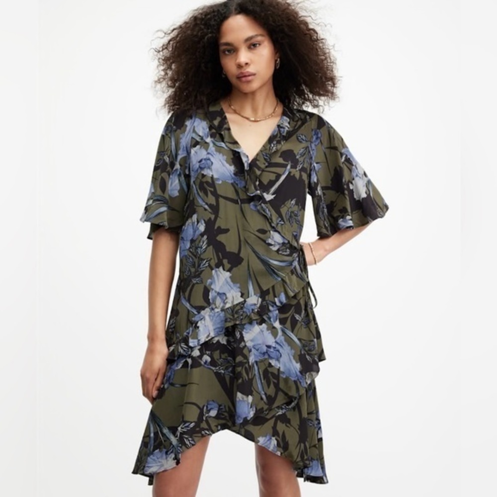 Allsaints Meagan Batu Wrap Over Mini Dress, Size 6 in COLOR: Deep Khaki Green